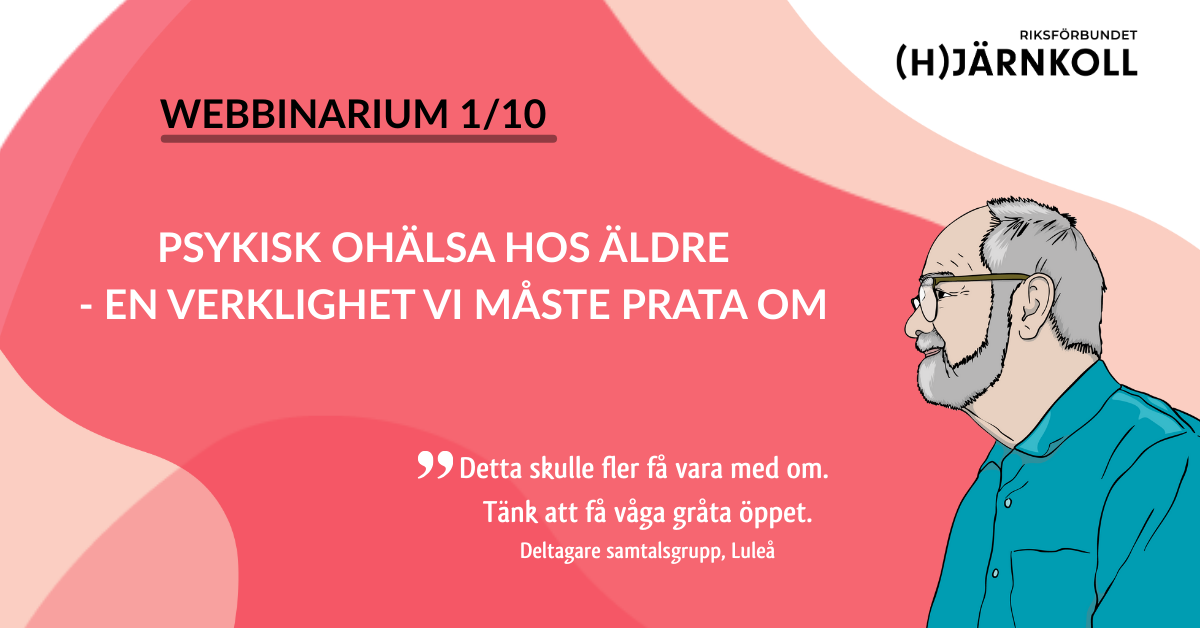 Affisch där en tecknad äldre man tittar på text om webbinariet 1 oktober